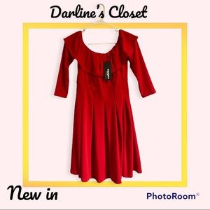 Red off shoulders midi dress.